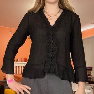 Elegant Black Lace Trim Blouse